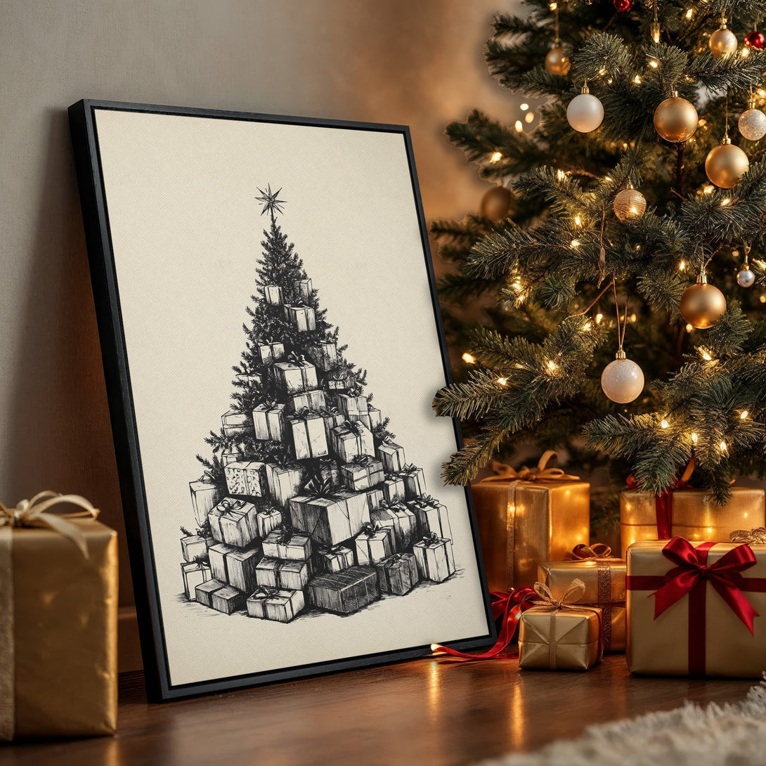 Framed Wall Art featuring a Christmas tree made of gifts, in a black and white sketch style. Warm gold and neutral tones create a cozy holiday scene.