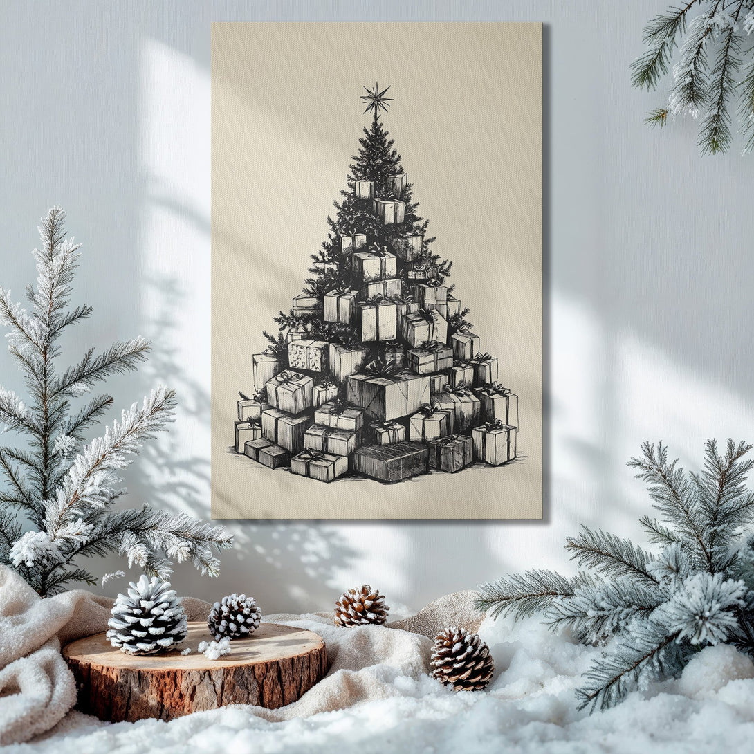 Framed Wall Art featuring a Christmas tree made of gifts, black and white sketch on canvas, displayed in a festive interior with green and gold accents.