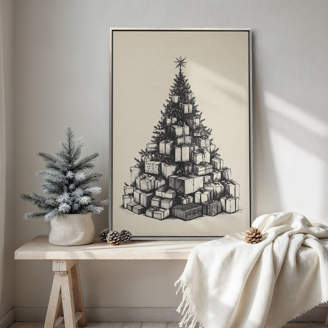 Framed Wall Art: Christmas tree made of gifts, sketched in black and white, displayed in a cozy interior with neutral tones. Perfect holiday decor!