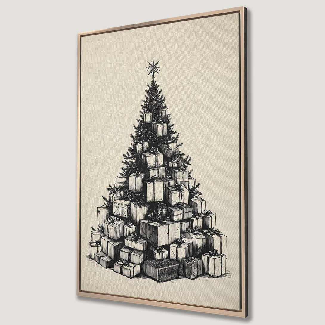 Framed Wall Art: Festive Christmas tree made of gifts, sketched in black on a neutral background. Perfect holiday decor! Monochrome color palette.