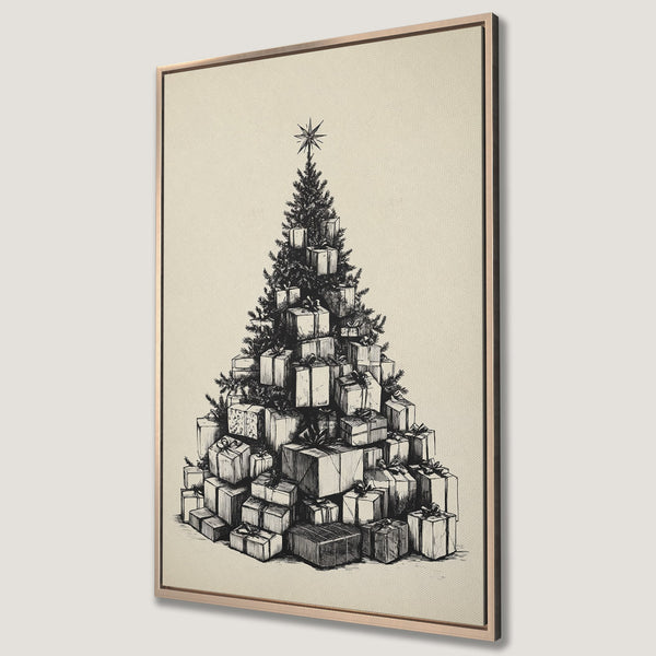 Framed Wall Art: Festive Christmas tree made of gifts, sketched in black on a neutral background. Perfect holiday decor! Monochrome color palette.