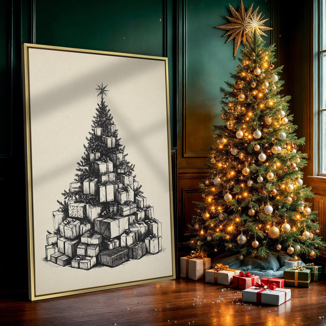 Canvas Print of a Christmas tree made of gifts, sketched in black and white. Perfect holiday wall art in a neutral color palette.