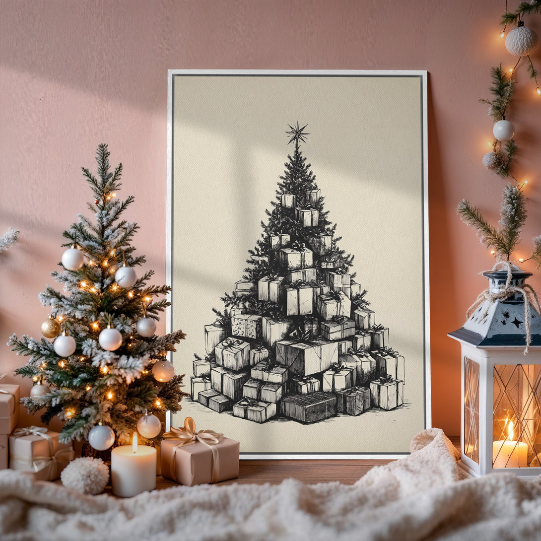 Framed Wall Art: Festive Christmas tree illustration in black & white, with a warm neutral color palette. Perfect holiday decor!