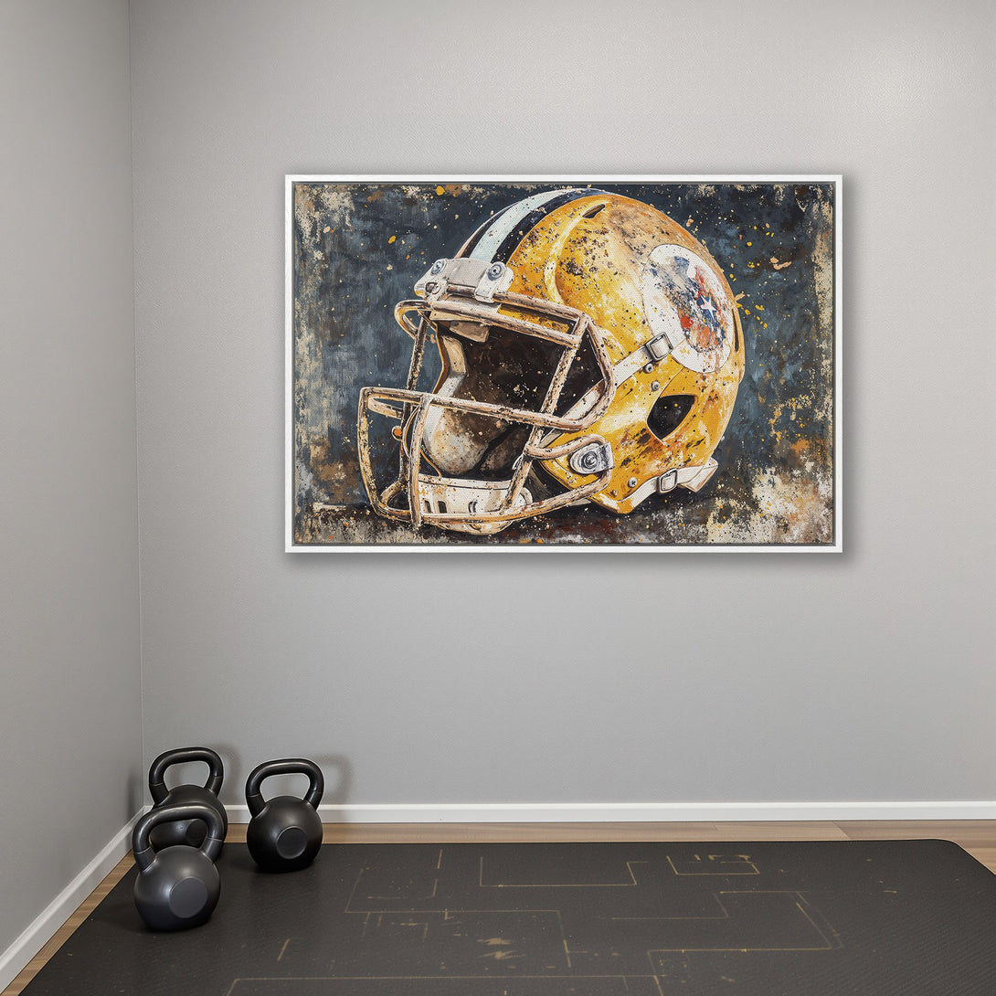 Framed Wall Art featuring a vintage football helmet in yellow and blue abstract style. Perfect for sports fans! Adds a pop of color to any space.