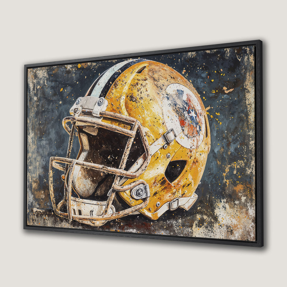 Framed Wall Art: Abstract football helmet painting in yellow, black, and gold. Perfect for sports fans! Add a touch of art to your space.
