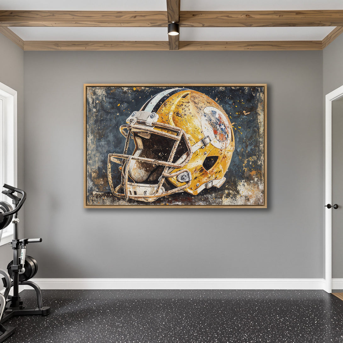 Framed Wall Art of a football helmet in a modern style, featuring a yellow and blue color palette, perfect for sports fans.