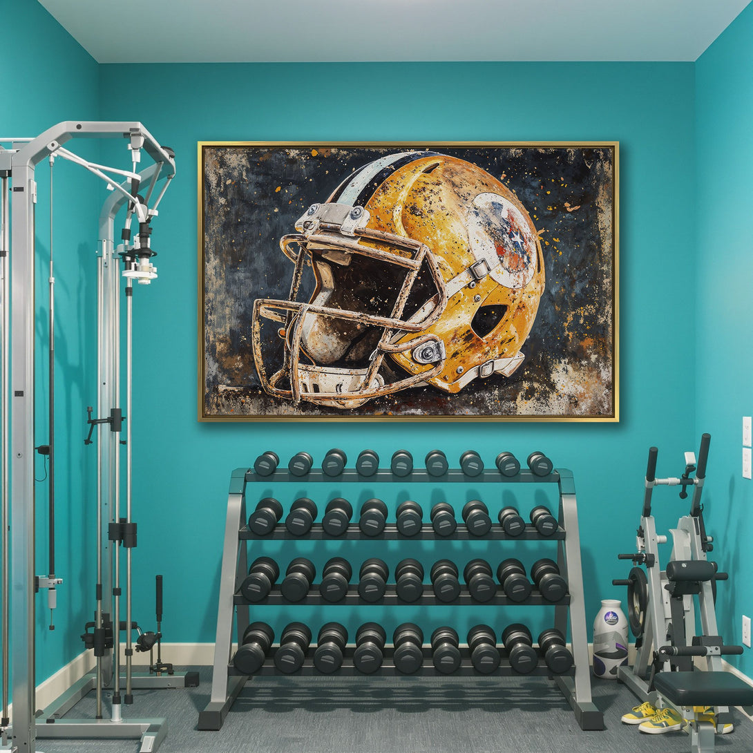 Canvas Print of a vintage football helmet in a grunge style, featuring a yellow, blue, and white color palette. Perfect for sports fans!