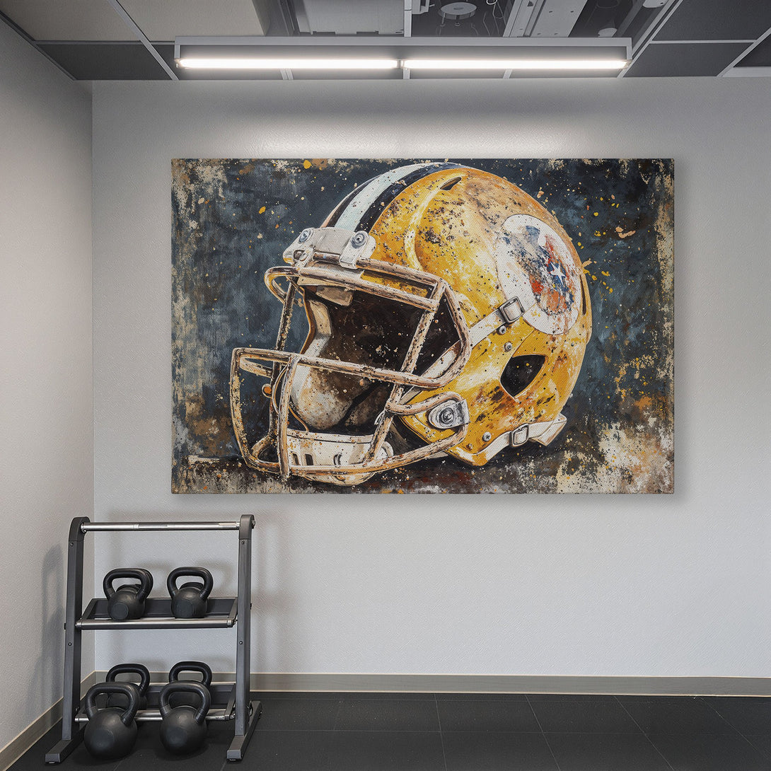 Framed Wall Art: Abstract football helmet in gold & black tones. Perfect for a gym or sports-themed space. Add a touch of style to your walls!