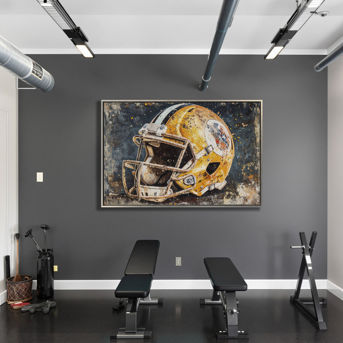 Framed Wall Art: Abstract football helmet in a modern gym. Rustic style with a gold, blue, and black color palette. Perfect for sports fans!