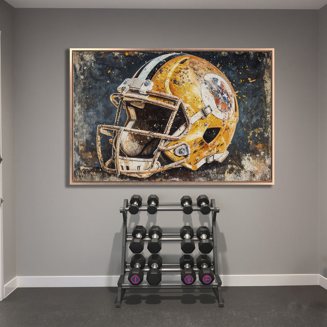Framed Wall Art: Football helmet canvas print with a grunge style, featuring a yellow and blue color palette. Perfect for sports fans!