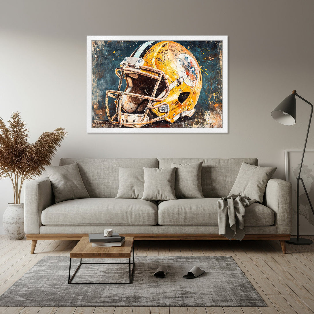 Framed Poster featuring a vintage football helmet in a grunge style with a yellow, blue, and brown color palette. Perfect for sports fans!
