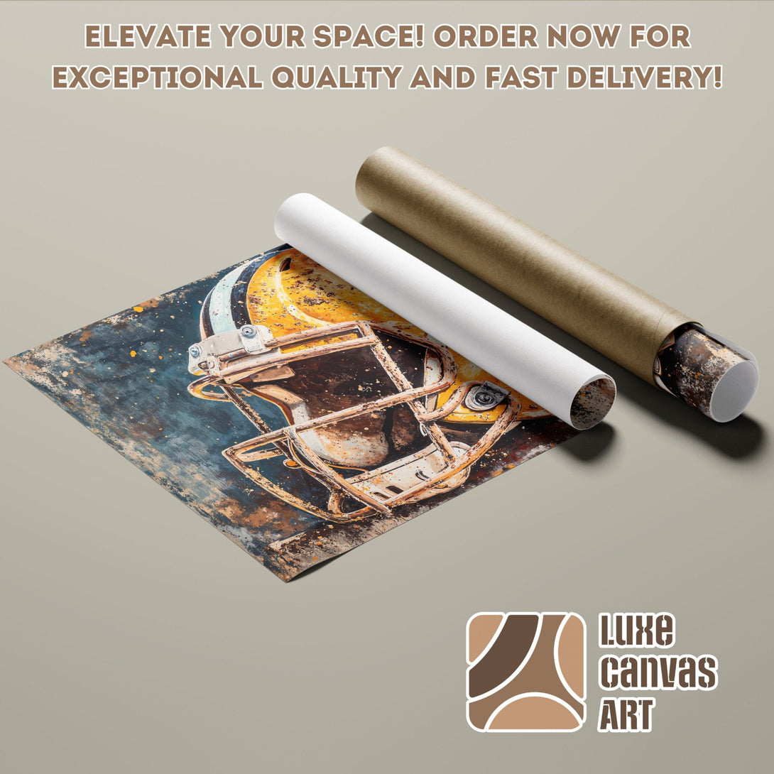 Football helmet poster roll in vintage style, featuring a blue, brown, and yellow color palette.