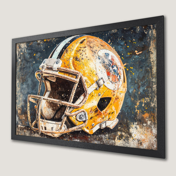 Framed Poster of a football helmet in an abstract style with a yellow, blue, and orange color palette. Perfect wall art!