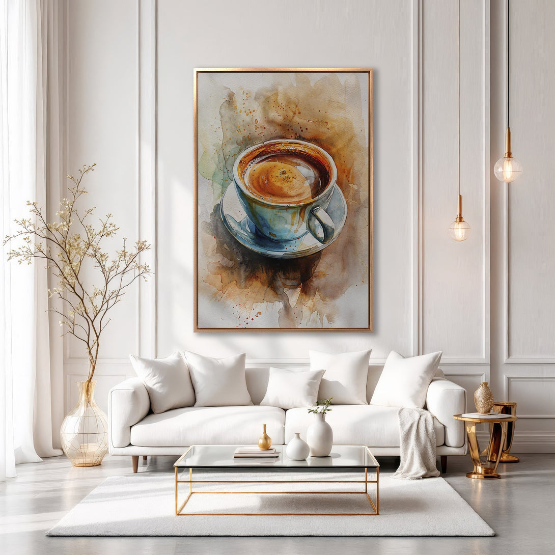 Framed Wall Art: Watercolor coffee cup print in warm brown and blue tones. Modern interior decor with white sofa and gold accents.