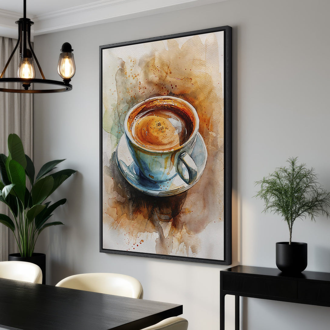 Framed Wall Art: Watercolor coffee cup art in warm brown and blue tones. Perfect kitchen decor! Add a touch of elegance with this Canvas Print.