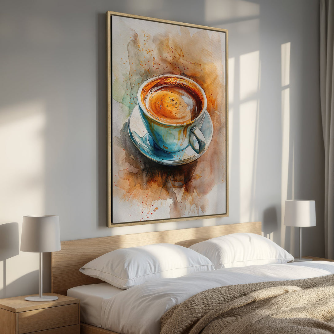 Framed Wall Art: Watercolor coffee cup print in warm orange and blue tones. Perfect bedroom decor, adding a cozy and artistic touch to any space.