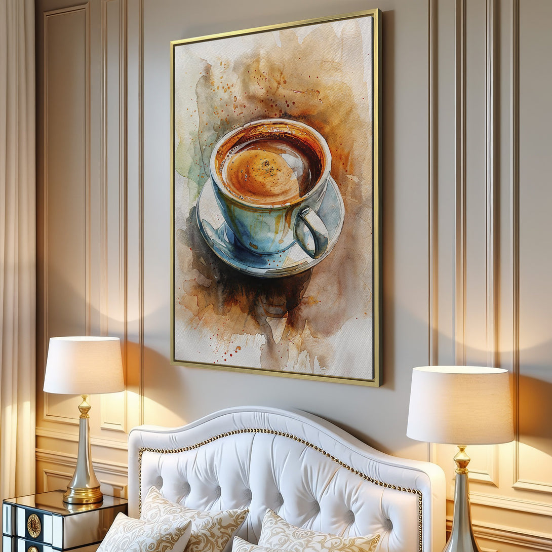 Canvas Print of watercolor coffee cup art in warm earth tones, perfect for kitchen or dining room decor.