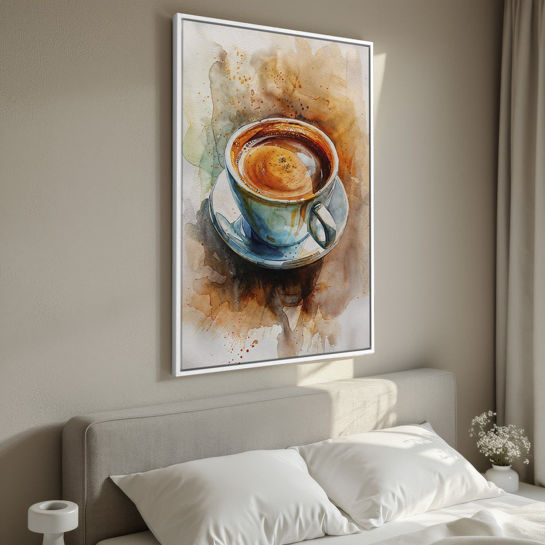 Framed Wall Art: Watercolor coffee cup in warm orange and blue tones. Perfect for kitchen or bedroom decor. Enhance your space with this stylish print.