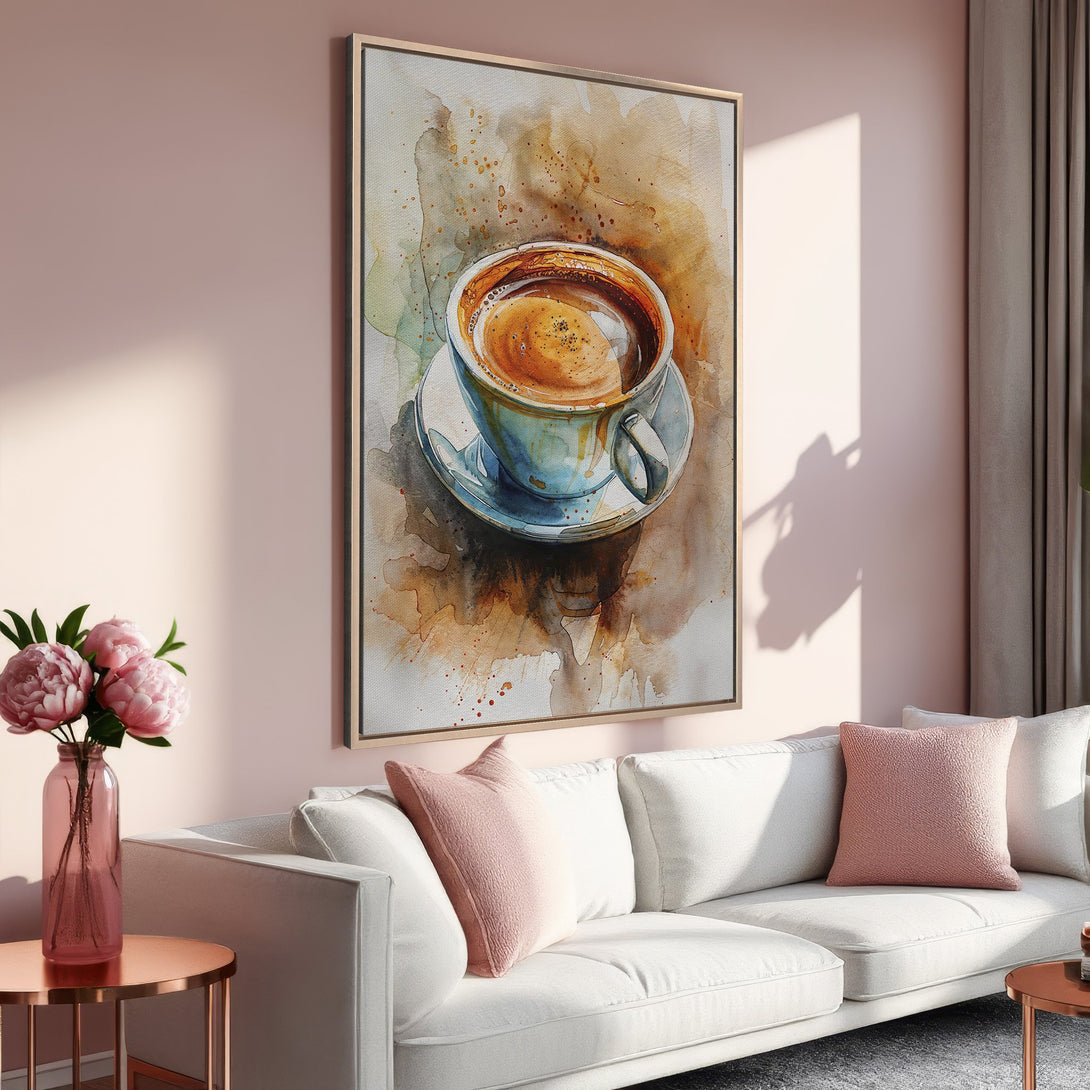 Framed Wall Art: Watercolor coffee cup print in warm, inviting tones. Perfect for adding a touch of cozy elegance to any living space.