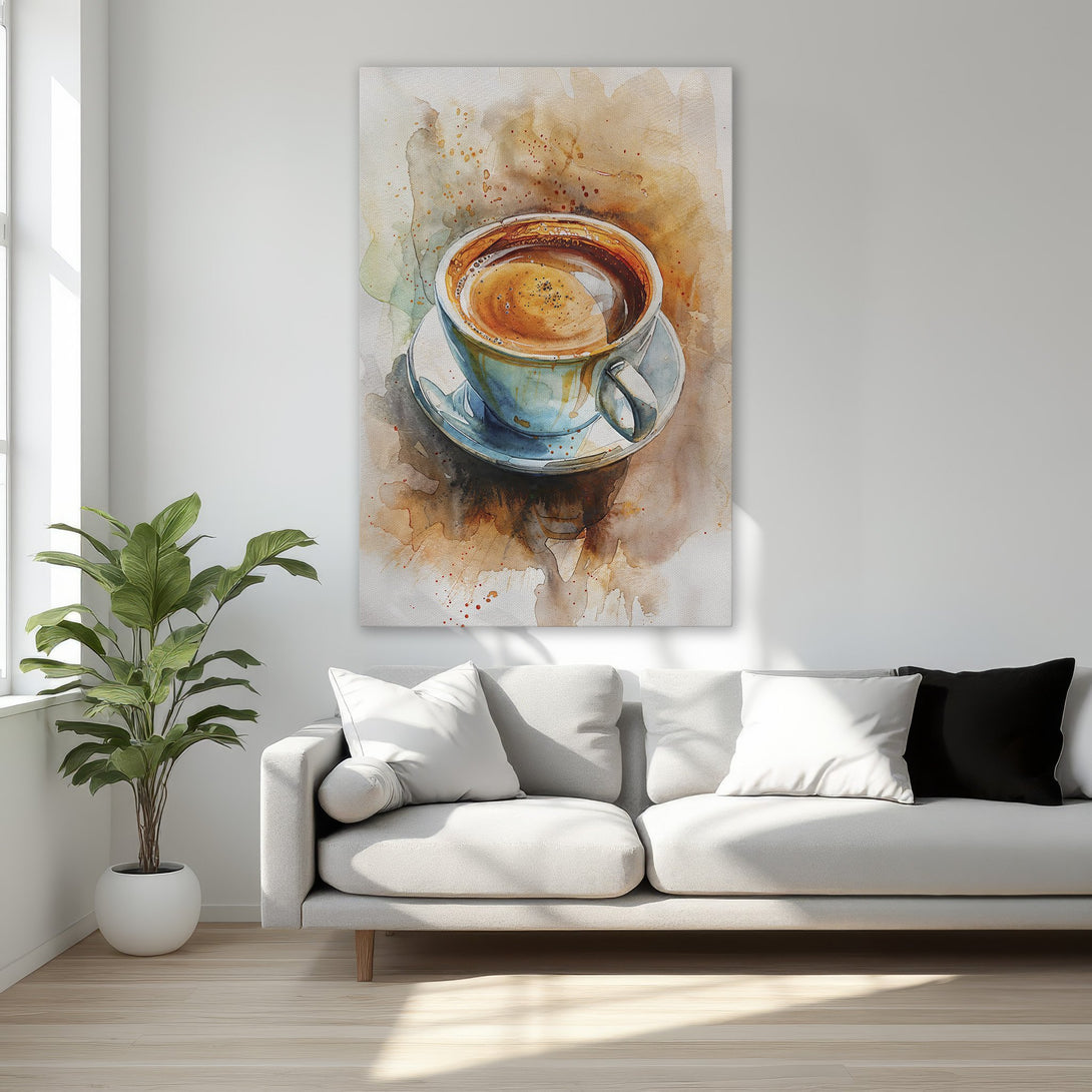 Framed Wall Art: Watercolor coffee cup art in warm browns & blues. Perfect for kitchen or bedroom decor. Elevate your space with this stylish Canvas Print.