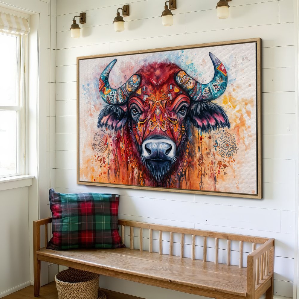 Vibrant Canvas Print of a stylized buffalo in watercolor style. Features warm red, orange, and blue hues, perfect for adding a pop of color to your home decor.