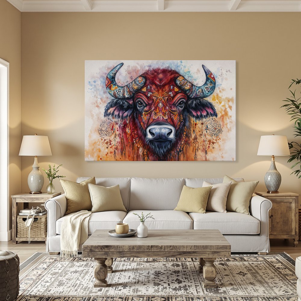 Framed Wall Art: Colorful buffalo portrait in watercolor style. Vibrant red, orange, and blue hues. Perfect for adding a unique touch to your home decor.