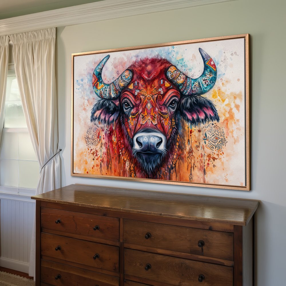 Vibrant Canvas Print of a buffalo in watercolor style. Features a warm, colorful palette with reds, oranges, and blues. Perfect for boho decor.
