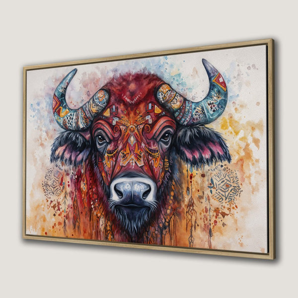 Canvas Print: Tribal buffalo art in warm, earthy tones. Add a touch of bohemian style to your home with this vibrant framed wall art.