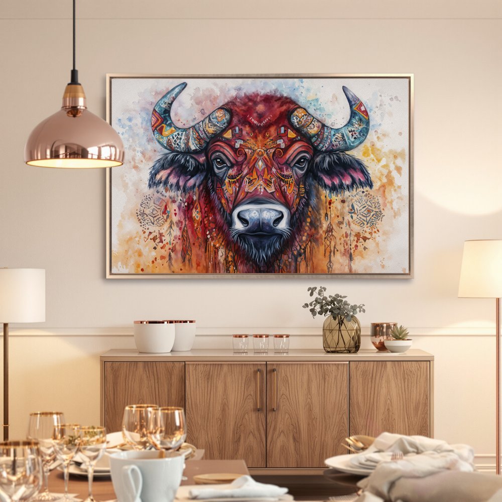 Framed Wall Art: Vibrant buffalo canvas print in boho style. Rich reds, oranges, and blues create a stunning focal point for any room. Shop now!