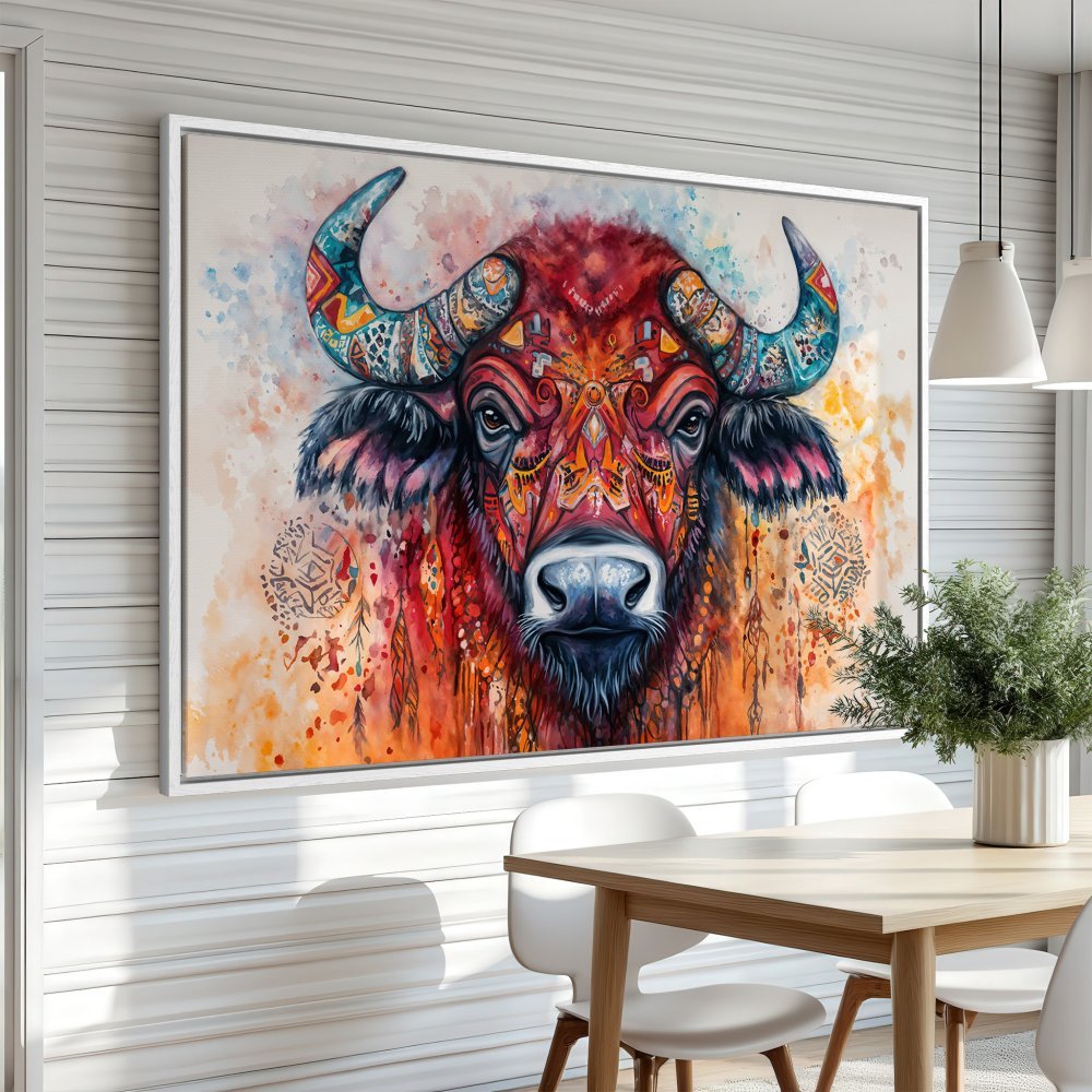 Vibrant Canvas Print of a buffalo, watercolor style, featuring a warm color palette. Perfect wall art for any room!