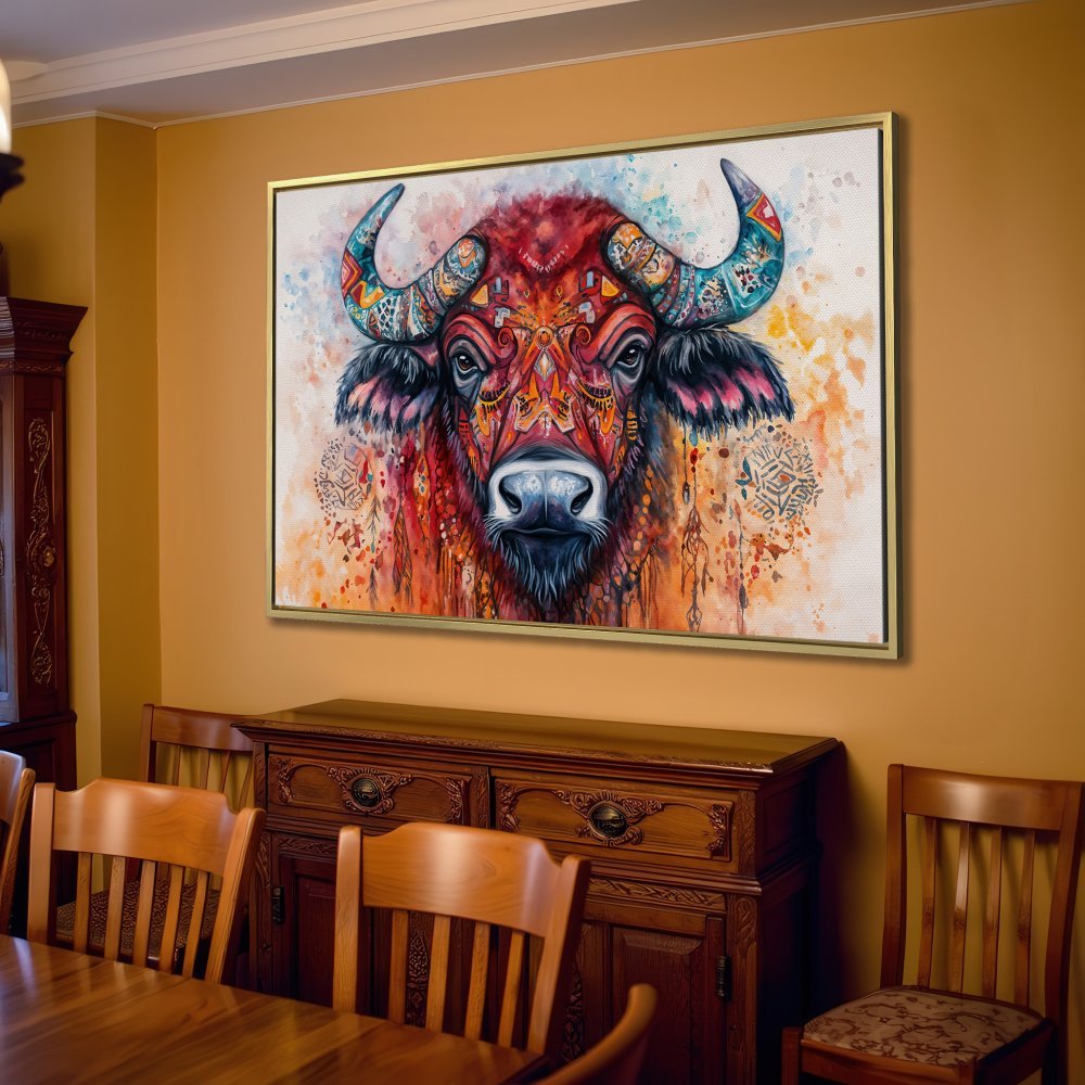 Canvas Print of a colorful, watercolor-style buffalo in a living room. Warm, earthy tones and boho style wall art.