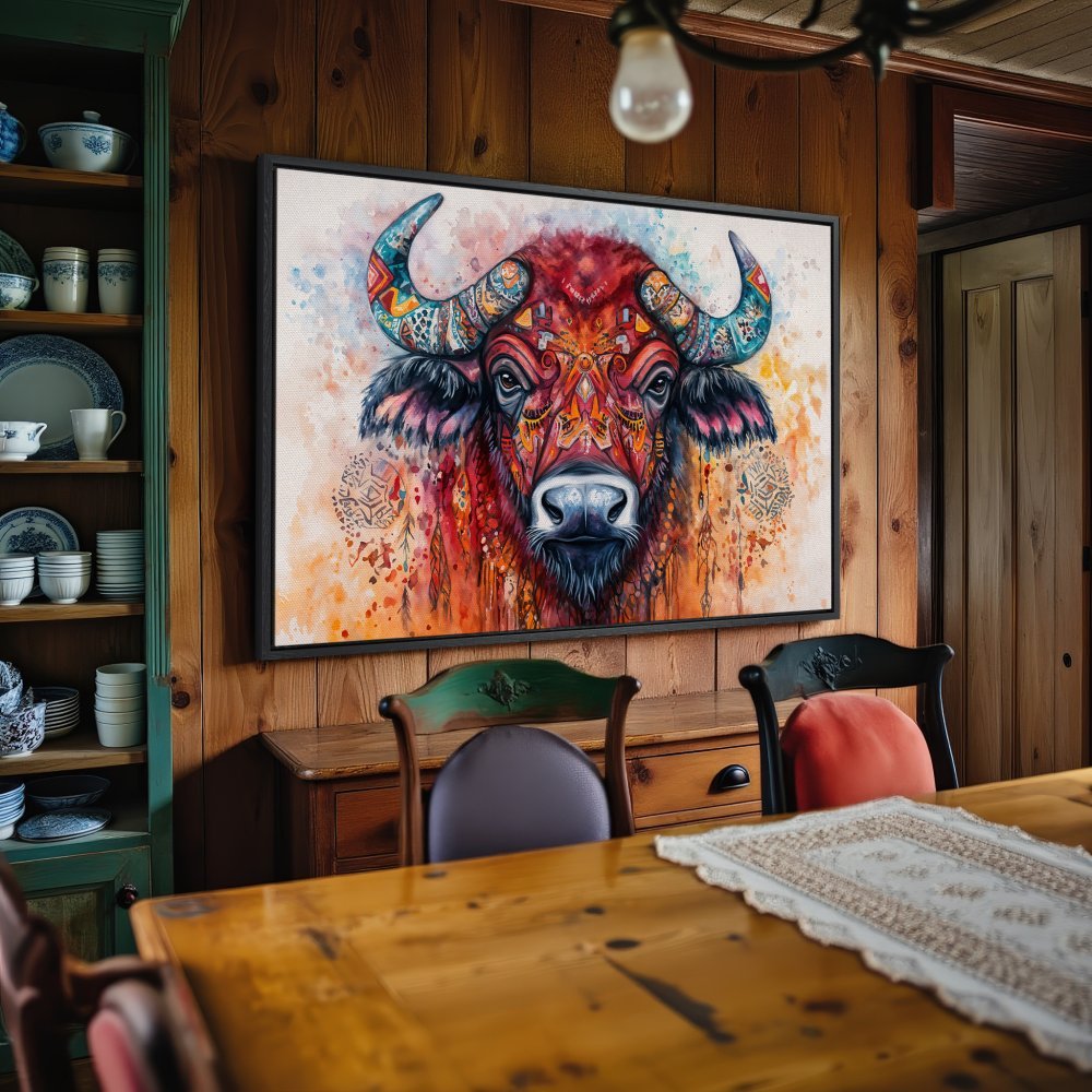 Framed Wall Art: Colorful watercolor buffalo print in a rustic interior. Vibrant red, orange, and blue palette. Perfect statement piece!