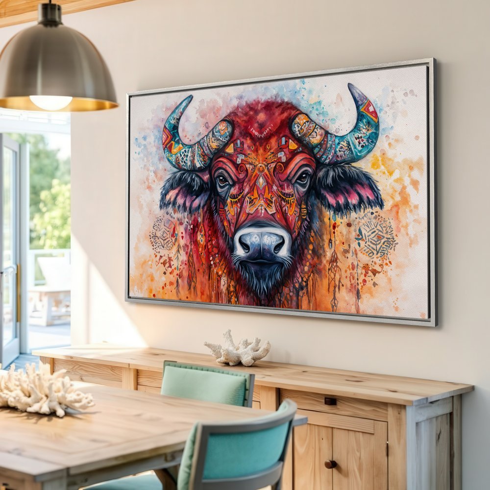 Framed Wall Art: Colorful tribal buffalo canvas print with warm red, orange, and teal tones. Perfect for adding a unique touch to your home decor!