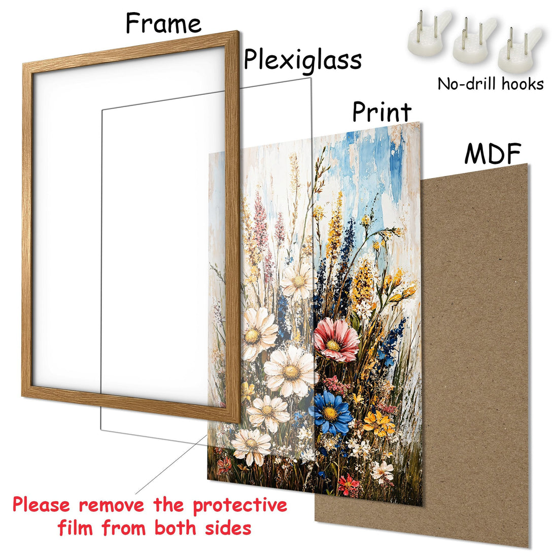 Framed Poster featuring a vibrant floral painting in a light blue, yellow, and pink color palette. Perfect wall art!