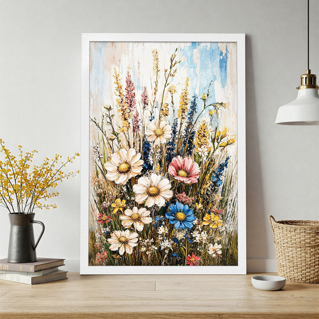 Framed Poster featuring vibrant wildflowers in a painterly style with a warm, colorful palette. Perfect floral art for your home!