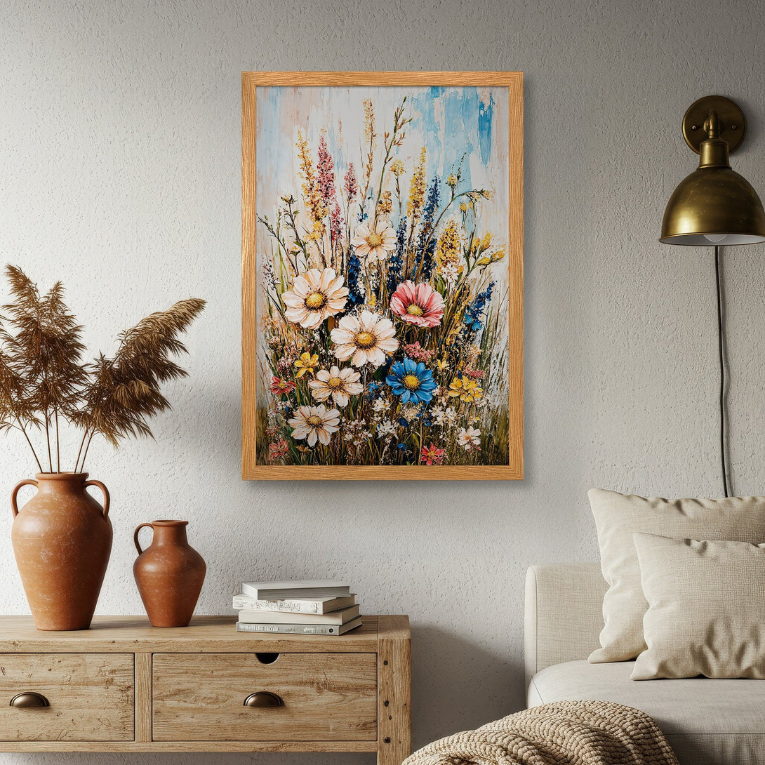 Framed Poster featuring a vibrant floral painting in a colorful palette. Perfect wall art for a stylish home.