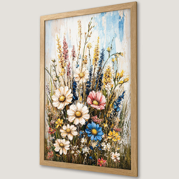 Framed Poster featuring a vibrant floral painting with a textured style and a colorful palette of blues, pinks, and yellows. Perfect wall art!