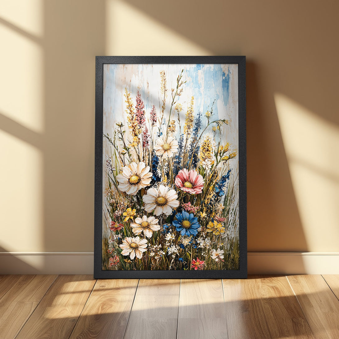 Framed Poster featuring a vibrant floral painting in a textured style. The color palette includes whites, blues, yellows, and pinks.