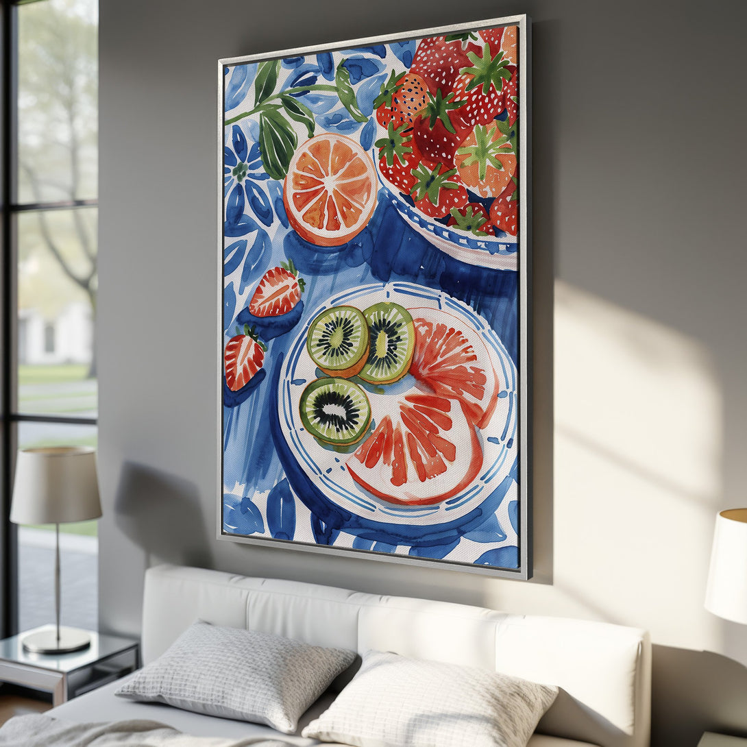 Framed Wall Art: Watercolor fruit still life in blue, red, and green. Modern canvas print adds a pop of color to any room. Perfect kitchen decor!