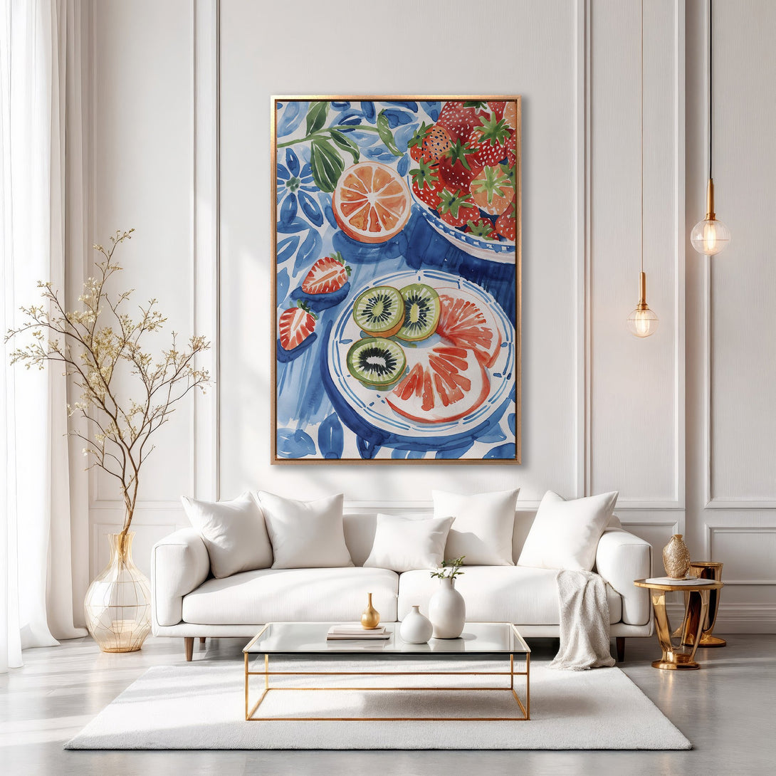 Framed Wall Art featuring a watercolor still life of fruit in a bright blue and red color palette, perfect for adding a touch of elegance to any space.