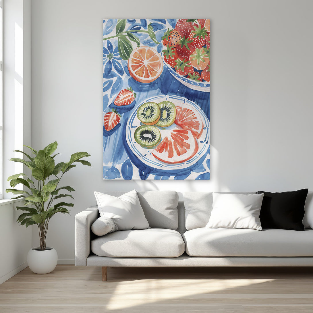 Framed Wall Art: Watercolor fruit still life in blue and red hues. Adds a touch of freshness and style to any room. Perfect for kitchen or bedroom decor.
