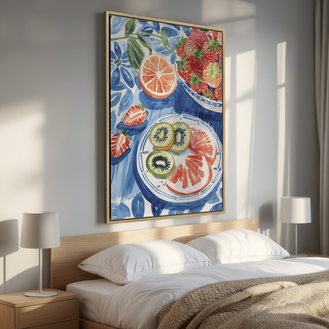 Framed Wall Art: Watercolor fruit still life in blue, red, and orange. Perfect for kitchen or bedroom decor. Adds a touch of elegance.