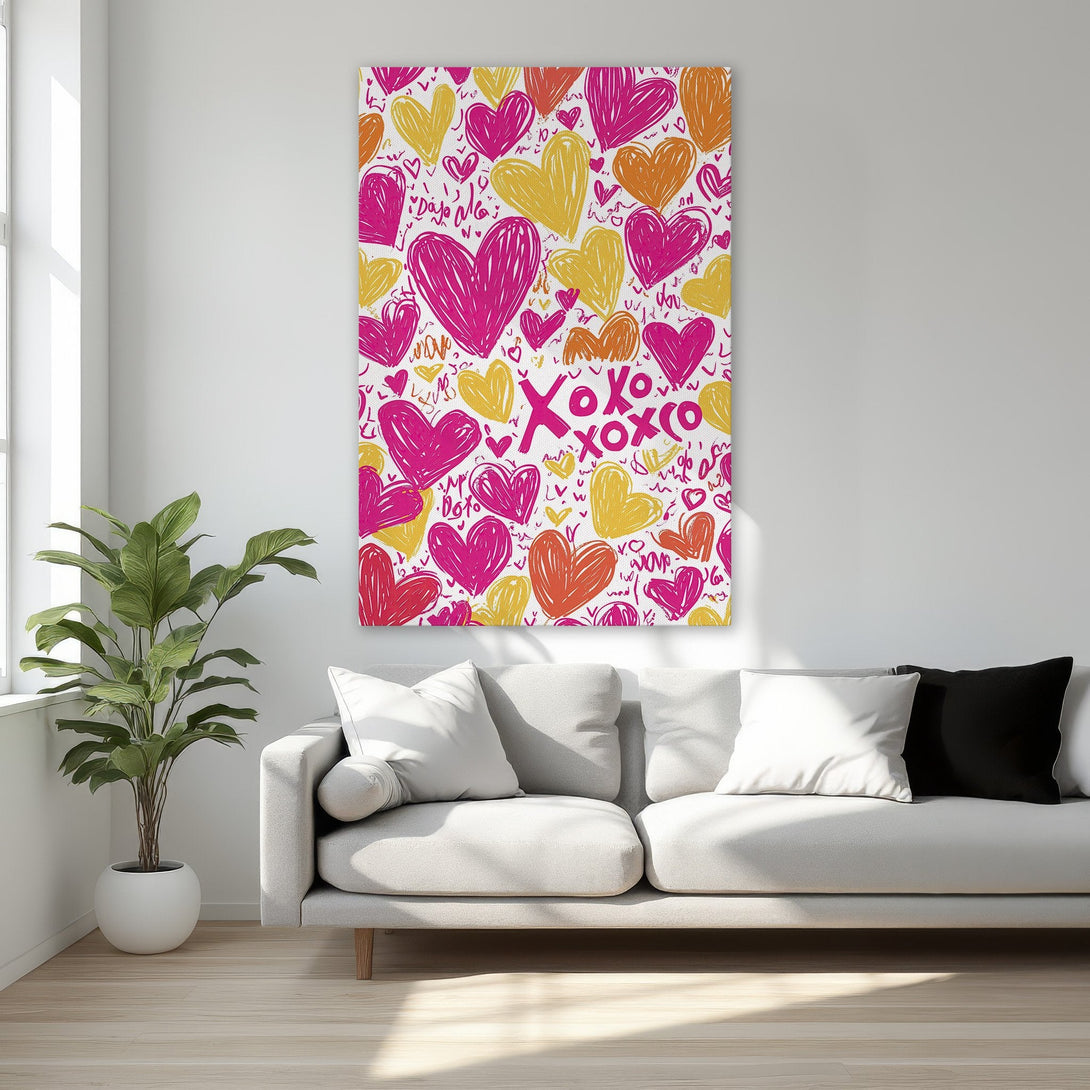 Framed Wall Art featuring a vibrant heart pattern in pink, orange, and yellow. Perfect for adding a touch of love to any space!