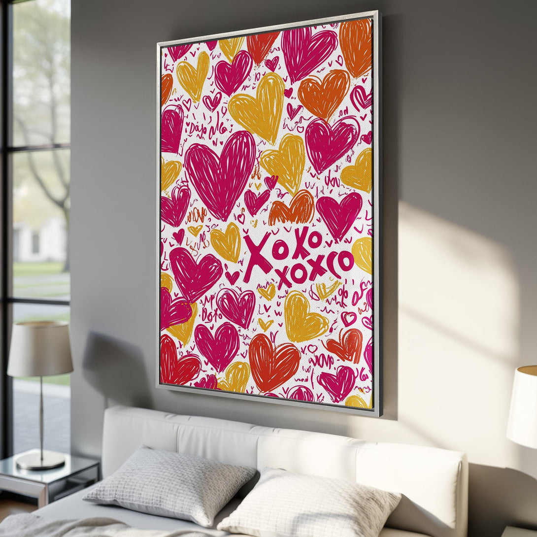 Framed Wall Art featuring a vibrant heart design in pink, orange, and yellow. Perfect for adding a touch of love to any space. Shop now!