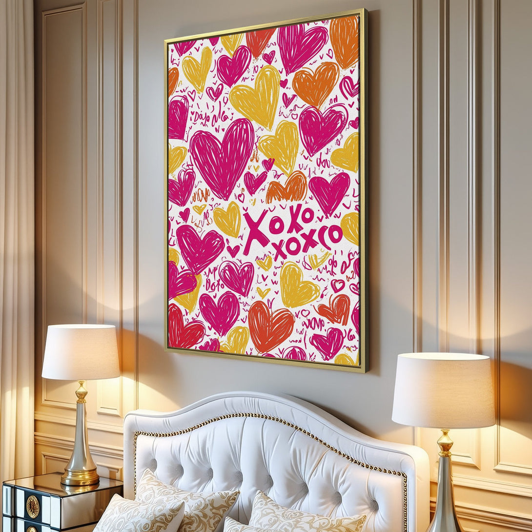 Canvas Print featuring a vibrant, hand-drawn heart pattern in pink, orange, and yellow, perfect for adding a pop of color.