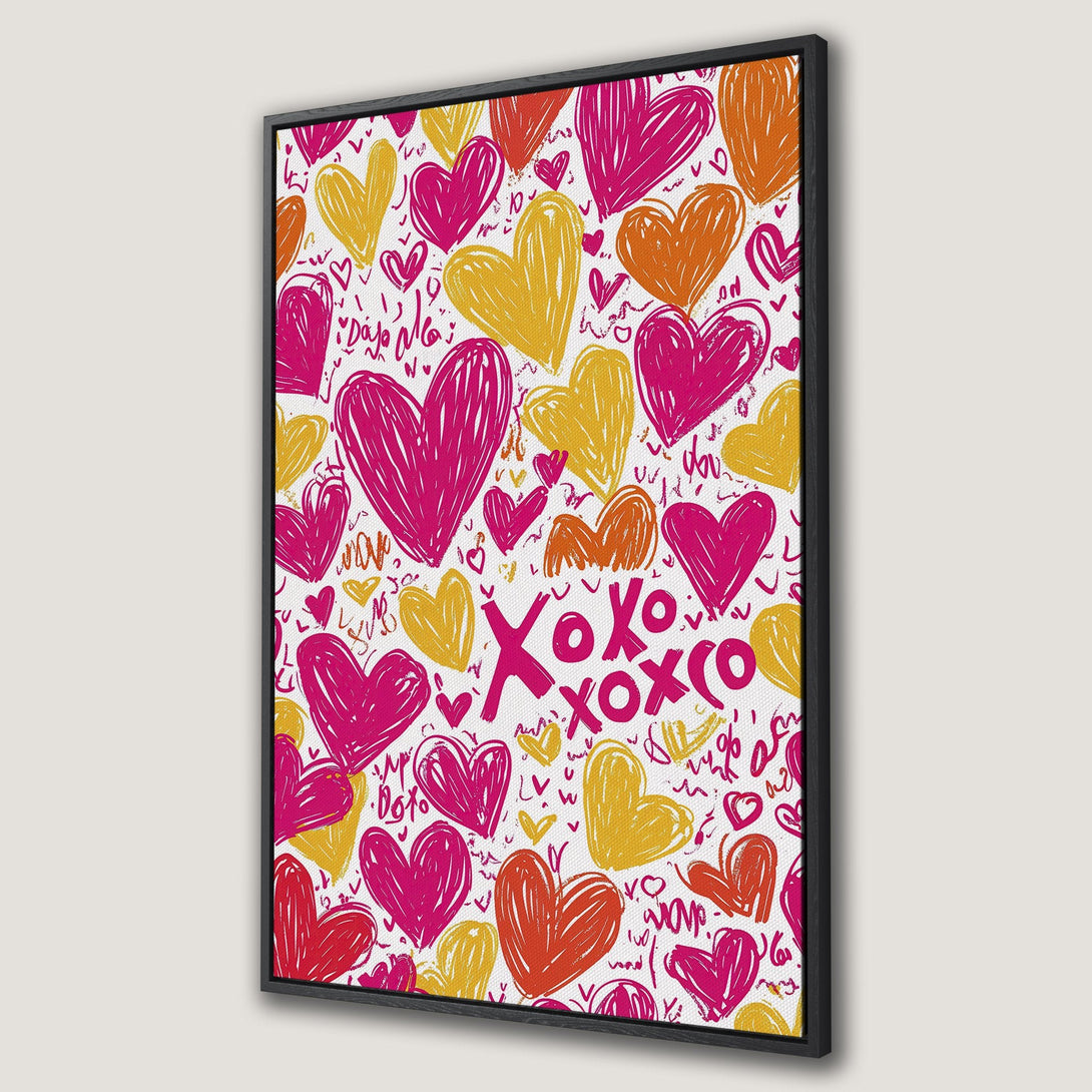 Framed Wall Art featuring a vibrant heart pattern in pink, yellow, and orange. Modern, hand-drawn style Canvas Print adds a pop of color to any space.