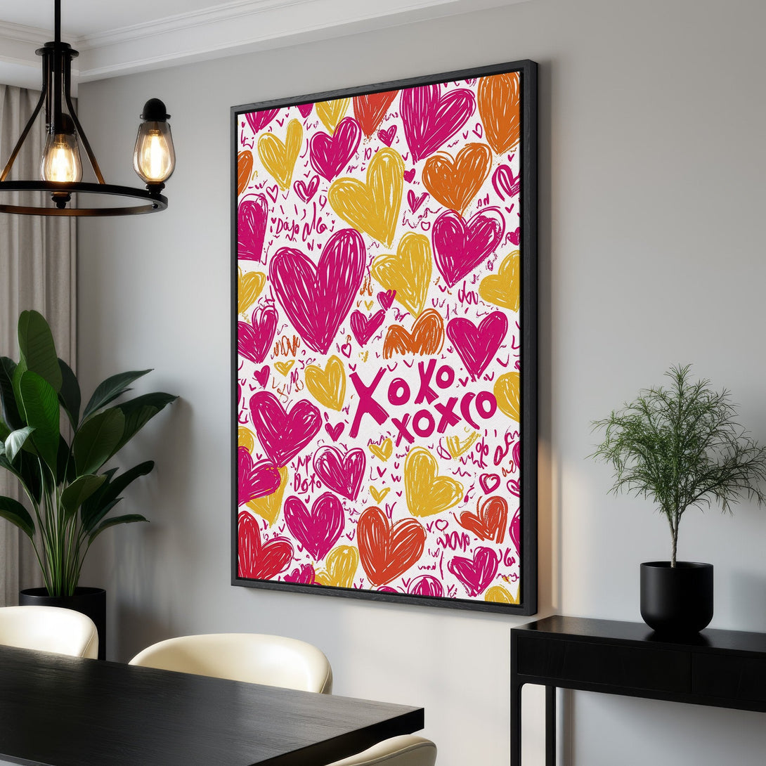 Framed Wall Art featuring a vibrant heart pattern in pink, orange, and yellow. Modern, romantic art for your home.