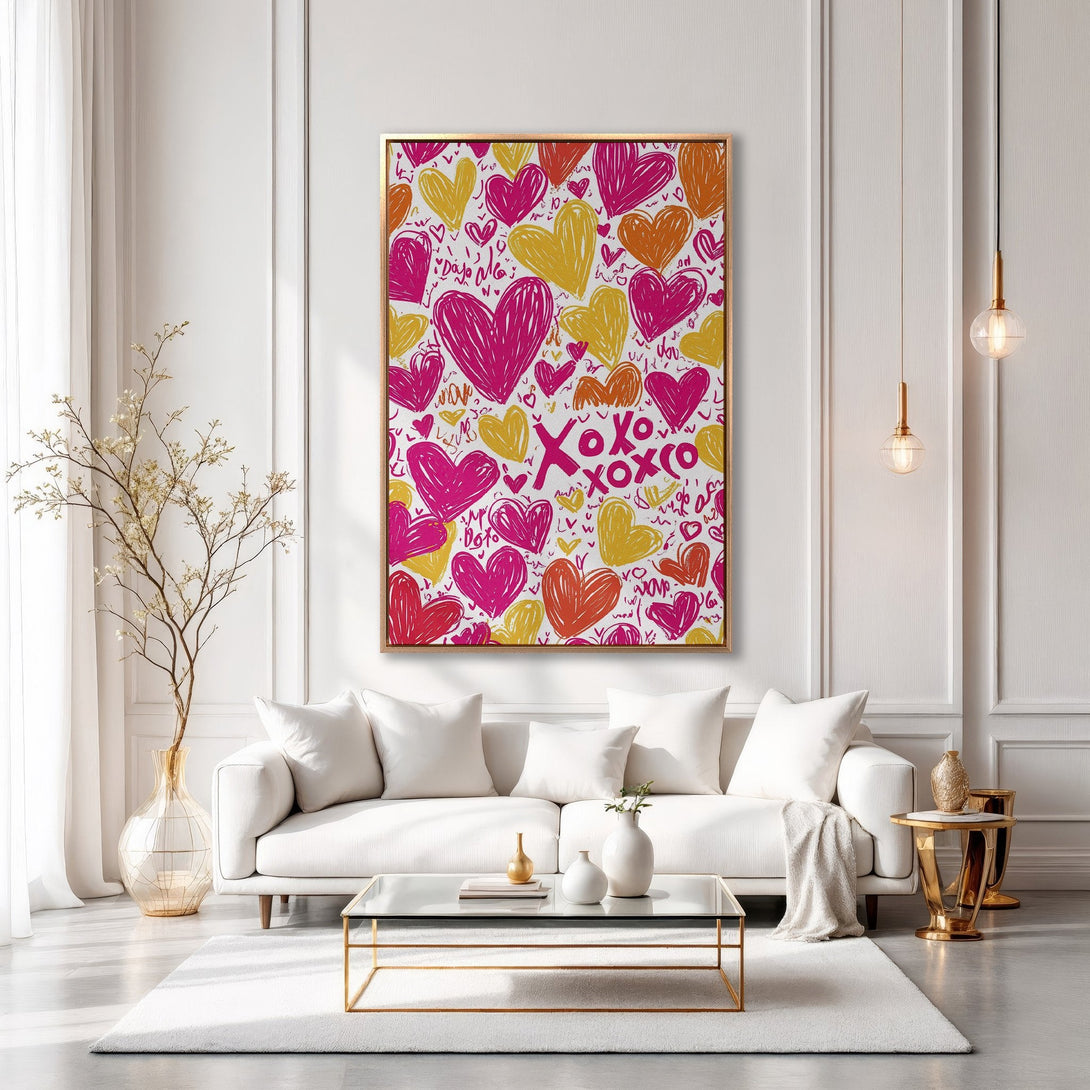 Framed Wall Art featuring a vibrant heart design in pink, orange, and yellow. Modern, stylish decor for any room. Add a pop of color and love!