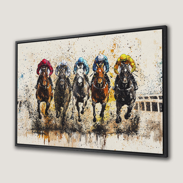 Framed Wall Art of a horse race, vibrant watercolor style with a warm, neutral background and colorful jockeys. Perfect for equestrian decor.
