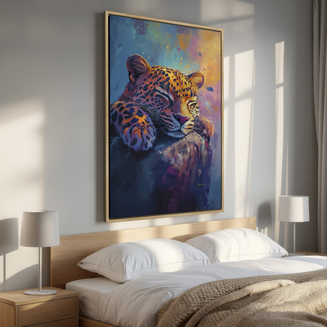 Framed Wall Art: Sleeping leopard painting with vibrant, colorful brushstrokes. Perfect for adding a touch of wildlife art to your bedroom decor.